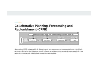 Collaborative Planning, Forecasting and
Replenishment (CPFR)
Num modelo CPFR, toda a cadeia de abastecimento tem acesso num curto espaço de tempo à tendência
de compra do cliente final. Existe partilha de informação geral e a compreensão de que o negócio de cada
ponto da cadeia sai mais valorizado se crescerem como um todo.
 