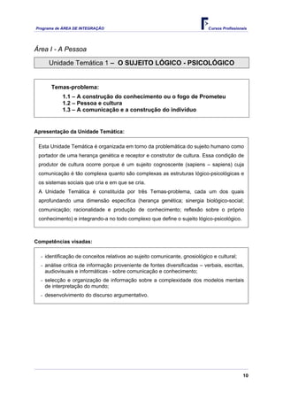 Programa de ÁREA DE INTEGRAÇÃO Cursos Profissionais
10
Área I - A Pessoa
Unidade Temática 1 – O SUJEITO LÓGICO - PSICOLÓGICO
Temas-problema:
1.1 – A construção do conhecimento ou o fogo de Prometeu
1.2 – Pessoa e cultura
1.3 – A comunicação e a construção do indivíduo
Apresentação da Unidade Temática:
Esta Unidade Temática é organizada em torno da problemática do sujeito humano como
portador de uma herança genética e receptor e construtor de cultura. Essa condição de
produtor de cultura ocorre porque é um sujeito cognoscente (sapiens – sapiens) cuja
comunicação é tão complexa quanto são complexas as estruturas lógico-psicológicas e
os sistemas sociais que cria e em que se cria.
A Unidade Temática é constituída por três Temas-problema, cada um dos quais
aprofundando uma dimensão específica (herança genética; sinergia biológico-social;
comunicação; racionalidade e produção de conhecimento; reflexão sobre o próprio
conhecimento) e integrando-a no todo complexo que define o sujeito lógico-psicológico.
Competências visadas:
- identificação de conceitos relativos ao sujeito comunicante, gnosiológico e cultural;
- análise crítica de informação proveniente de fontes diversificadas – verbais, escritas,
audiovisuais e informáticas - sobre comunicação e conhecimento;
- selecção e organização de informação sobre a complexidade dos modelos mentais
de interpretação do mundo;
- desenvolvimento do discurso argumentativo.
 