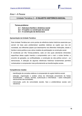 Programa de ÁREA DE INTEGRAÇÃO Cursos Profissionais
18
Área I - A Pessoa
Unidade Temática 2 – O SUJEITO HISTÓRICO-SOCIAL
Temas-problema:
2.1 – Estrutura familiar e dinâmica social
2.2 – O sujeito e a construção do social
2.3 – A construção da democracia
Apresentação da Unidade Temática:
Esta Unidade Temática tem como pontos de referência dados históricos essenciais que
servem de base para problematizar questões relativas ao sujeito que vive em
sociedade, aos diferentes papeis que desempenha nas diferentes instituições, desde a
familiar à sócio-política e aos vários modelos de participação na construção social.
É constituída por três Temas-problema, cada um dos quais abordando dimensões
específicas desse sujeito inserido e comprometido com o real: o núcleo familiar, o
encontro de gerações, as conflitualidades, a construção da vida política comum – as
democracias. A selecção de algumas referências históricas fundamentais permitirá
contextualizar e compreender mais profundamente as transformações sociais.
Competências visadas:
- identificação de conceitos relativos à compreensão do sujeito histórico-social;
- selecção, organização e análise crítica de informação proveniente de fontes
diversificadas – verbais, escritas, audiovisuais e informáticas – sobre instituições
estruturantes das sociedades;
- intervenção, junto da comunidade escolar, face a problemáticas sociais com
relevância.
 