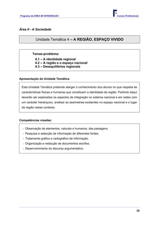 Programa de ÁREA DE INTEGRAÇÃO Cursos Profissionais
35
Área II - A Sociedade
Unidade Temática 4 – A REGIÃO, ESPAÇO VIVIDO
Temas-problema:
4.1 – A identidade regional
4.2 – A região e o espaço nacional
4.3 – Desequilíbrios regionais
Apresentação do Unidade Temática:
Esta Unidade Temática pretende alargar o conhecimento dos alunos no que respeita às
características físicas e humanas que constituem a identidade da região. Partindo daqui
deverão ser explorados os aspectos de integração no sistema nacional e em redes com
um carácter hierárquico, analisar as assimetrias existentes no espaço nacional e o lugar
da região nesse contexto.
Competências visadas:
- Observação de elementos, naturais e humanos, das paisagens.
- Pesquisa e selecção de informação de diferentes fontes.
- Tratamento gráfico e cartográfico de informação.
- Organização e redacção de documentos escritos.
- Desenvolvimento do discurso argumentativo.
 