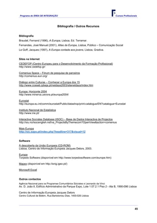Programa de ÁREA DE INTEGRAÇÃO Cursos Profissionais
45
Bibliografia / Outros Recursos
Bibliografia
Braudel, Fernand (1996), A Europa, Lisboa, Ed. Terramar.
Fernandes, José Manuel (2001), Atlas da Europa, Lisboa, Público – Comunicação Social
Le Goff, Jacques (1997), A Europa contada aos jovens, Lisboa, Gradiva.
Sites na Internet
CEDEFOP (Centro Europeu para o Desenvolvimento da Formação Profissional)
http://www.cedefop.gr/
Comenius Space – Fórum de pesquisa de parceiros
http://comenius.eun.org/
Diálogo entre Culturas – Conhecer a Europa dos 15
http://www.cceseb.ipbeja.pt/netdays2003/sitenetdays/index.htm
Europa: Horizonte 2004
http://www.minerva.uevora.pt/europa2004/
Eurostat
http://europa.eu.int/comm/eurostat/Public/datashop/print-catalogue/EN?catalogue=Eurostat
Instituto Nacional de Estatística
http://www.ine.pt/
Interactive Socrates Database (ISOC) – Base de Dados Interactiva de Projectos
http://siu.no/isocenglish.nsf/va_ProjectsByThemecom?OpenView&action=comenius
Mais Europa
http://sic.sapo.pt/index.php?headline=317&visual=12
Software
À descoberta da União Europeia (CD-ROM)
Lisboa, Centro de Informação Europeia Jacques Delors, 2003.
Europa
Torpedo Software (disponível em http://www.torpedosoftware.com/europe.htm)
Mapex (disponível em http://snig.igeo.pt/)
Microsoft Excel
Outros contactos
Agência Nacional para os Programas Comunitários Sócrates e Leonardo da Vinci
Av. D. João II, Edifício Administrativo da Parque Expo, Lote 1.07.2.1 Piso 2 - Ala B, 1990-096 Lisboa
Centro de Informação Europeia Jacques Delors
Centro Cultural de Belém, Rua Bartolomeu Dias, 1400-026 Lisboa
 