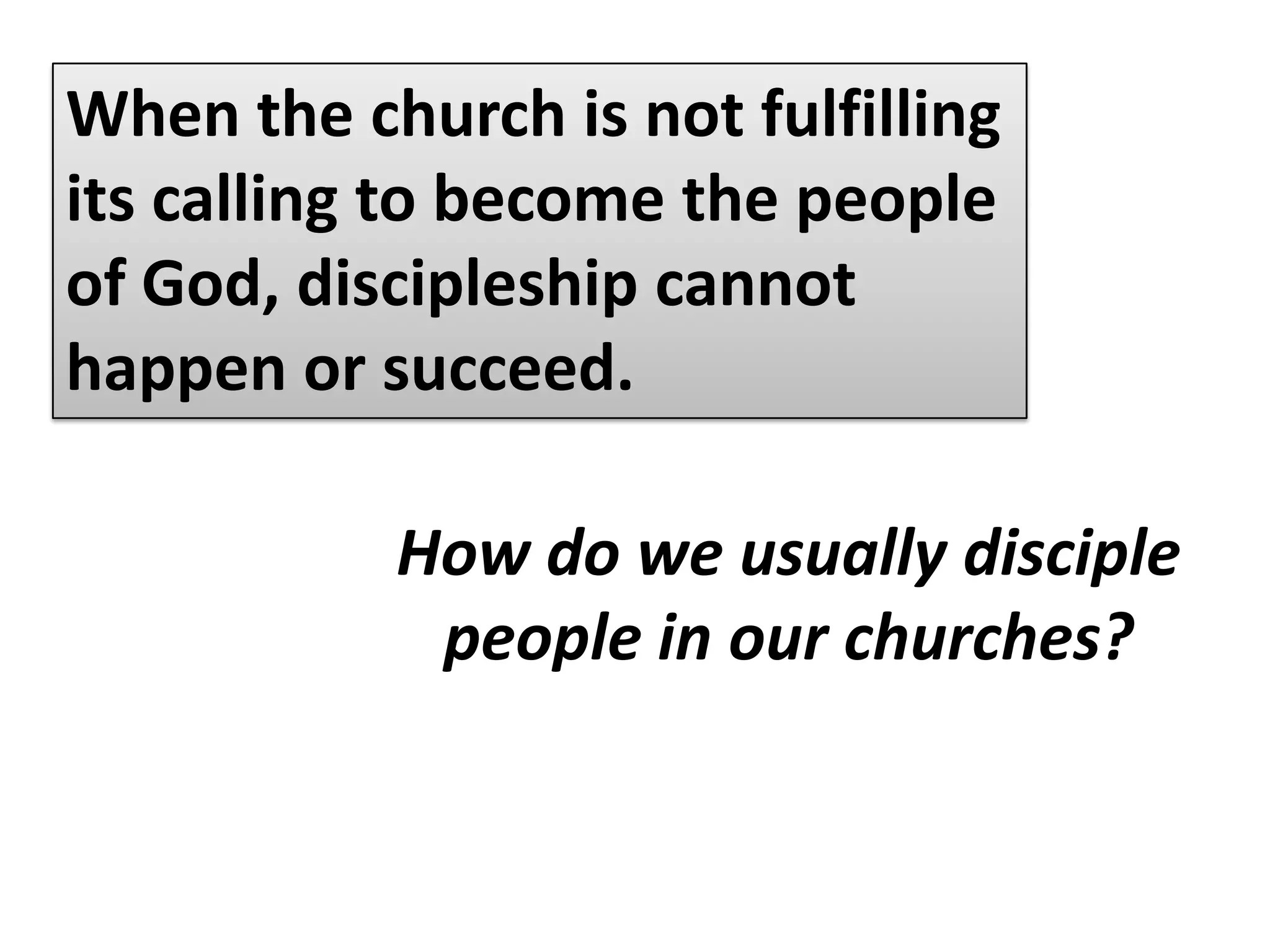 5 This is the message we have heard from him and declare to you: God is light; in him there is no darkness at all. 6 If we claim to have fellowship with him and yet walk in the darkness, we lie and do not live out the truth. 7 But if we walk in the light, as he is in the light, we have fellowship with one another, and the blood of Jesus, his Son, purifies us from all sin.(1 John 1:5-7)Apart from true fellowship, discipleship will never happen.We cannot make disciples without it.