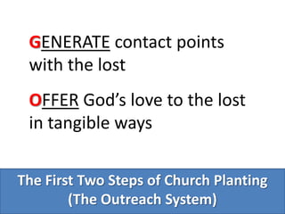 Generate contact points with the lostOffer God’s love to the lost in tangible waysThe First Two Steps of Church Planting (The Outreach System)