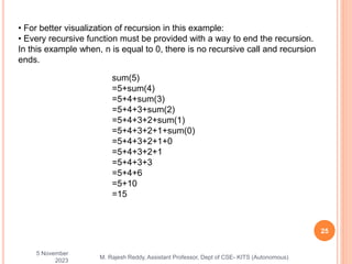 5 November
2023
25
M. Rajesh Reddy, Assistant Professor, Dept of CSE- KITS (Autonomous)
• For better visualization of recursion in this example:
• Every recursive function must be provided with a way to end the recursion.
In this example when, n is equal to 0, there is no recursive call and recursion
ends.
sum(5)
=5+sum(4)
=5+4+sum(3)
=5+4+3+sum(2)
=5+4+3+2+sum(1)
=5+4+3+2+1+sum(0)
=5+4+3+2+1+0
=5+4+3+2+1
=5+4+3+3
=5+4+6
=5+10
=15
 