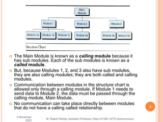  The Main Module is known as a calling module because it
has sub modules. Each of the sub modules is known as a
called module.
 But, because Modules 1, 2, and 3 also have sub modules,
they are also calling modules; they are both called and calling
modules.
 Communication between modules in the structure chart is
allowed only through a calling module. If Module 1 needs to
send data to Module 2, the data must be passed through the
calling module, Main Module.
 No communication can take place directly between modules
that do not have a calling called relationship.
5 November
2023
3
M. Rajesh Reddy, Assistant Professor, Dept of CSE- KITS (Autonomous)
 