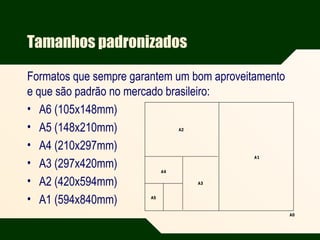 Tamanhos padronizados
Formatos que sempre garantem um bom aproveitamento
e que são padrão no mercado brasileiro:
• A6 (105x148mm)
• A5 (148x210mm)
• A4 (210x297mm)
• A3 (297x420mm)
• A2 (420x594mm)
• A1 (594x840mm) A5
A0
A1
A2
A3
A4
 