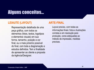 Composição e Projeto Gráfico - UNIP
22
Alguns conceitos...
LEIAUTE (LAYOUT)
Representação detalhada de uma
peça gráfica, com todos os
elementos (fotos, textos, logotipos
e elementos visuais) em sua
forma, tamanho, posição e cor
final, ou o mais próximo possível
do final, com toda a diagramação e
estudos definidos. Tem a finalidade
de apresentar ao cliente a proposta
da Agência/Designer.
ARTE-FINAL
Layout preciso, com todas as
informações finais: fotos e ilustrações
corretas e em resolução para
produção, cores adequadas ao
método de impressão, medidas
precisas.
 