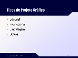 Composição e Projeto Gráfico - UNIP
3
Tipos de Projeto Gráfico
• Editorial
• Promocional
• Embalagem
• Outros
 