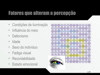 Composição e Projeto 12
Fatores que alteram a percepção
• Condições de iluminação
• Influência do meio
• Daltonismo
• Idade
• Sexo do indivíduo
• Fadiga visual
• Recordabilidade
• Estado emocional
 