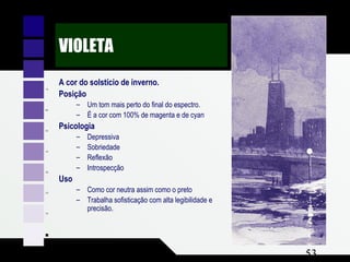 Composição e Projeto 53
nayC %001
atnegaM %001
Y wolle %0
VIOLETA
A cor do solstício de inverno.
Posição
– Um tom mais perto do final do espectro.
– É a cor com 100% de magenta e de cyan
Psicologia
– Depressiva
– Sobriedade
– Reflexão
– Introspecção
Uso
– Como cor neutra assim como o preto
– Trabalha sofisticação com alta legibilidade e
precisão.
 