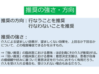 推奨の強さ・方向
推奨の方向：行なうことを推奨
行なわないことを推奨
推奨の強さ：
介入による望ましい効果が、望ましくない効果を、上回るか下回るか
について、どの程度確信できるかを示すもの。
⇒「強い推奨」の臨床医における意味：ほぼ全員にその介入が推奨される。
⇒「弱い推奨」の臨床医における意味：意思決定支援は、患者が自身
の価値観や好みに基づいて意思決定を行うのにおそらく有用だろう。
介入を受け入れる場合も、受け入れない場合もあるだろう。
 