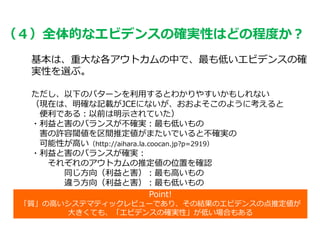（４）全体的なエビデンスの確実性はどの程度か？
基本は、重大な各アウトカムの中で、最も低いエビデンスの確
実性を選ぶ。
ただし、以下のパターンを利用するとわかりやすいかもしれない
（現在は、明確な記載がJCEにないが、おおよそこのように考えると
便利である：以前は明示されていた）
・利益と害のバランスが不確実：最も低いもの
害の許容閾値を区間推定値がまたいでいると不確実の
可能性が高い（http://aihara.la.coocan.jp?p=2919）
・利益と害のバランスが確実：
それぞれのアウトカムの推定値の位置を確認
同じ方向（利益と害）：最も高いもの
違う方向（利益と害）：最も低いもの
Point!
「質」の高いシステマティックレビューであり、その結果のエビデンスの点推定値が
大きくても、「エビデンスの確実性」が低い場合もある
 