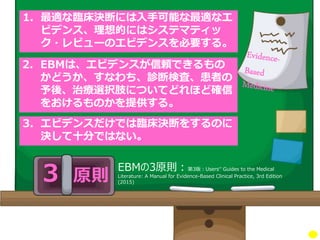 1. 最適な臨床決断には入手可能な最適なエ
ビデンス、理想的にはシステマティッ
ク・レビューのエビデンスを必要する。
３ 原則
EBMの3原則：第3版：Users‘’ Guides to the Medical
Literature: A Manual for Evidence-Based Clinical Practice, 3rd Edition
(2015)
2. EBMは、エビデンスが信頼できるもの
かどうか、すなわち、診断検査、患者の
予後、治療選択肢についてどれほど確信
をおけるものかを提供する。
3. エビデンスだけでは臨床決断をするのに
決して十分ではない。
 