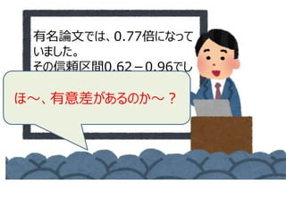 有名論文では、0.77倍になって
いました。
その信頼区間0.62－0.96でし
た。
統計学的有意差がありました。ほ～、有意差があるのか～？
 