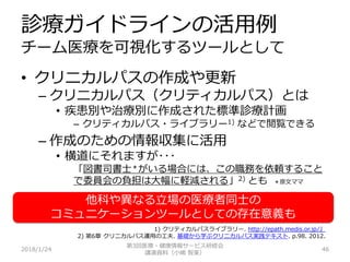 診療ガイドラインの活用例
チーム医療を可視化するツールとして
2018/1/24 46
• クリニカルパスの作成や更新
– クリニカルパス（クリティカルパス）とは
• 疾患別や治療別に作成された標準診療計画
– クリティカルパス・ライブラリー1) などで閲覧できる
– 作成のための情報収集に活用
• 横道にそれますが･･･
「図書司書士＊がいる場合には、この職務を依頼すること
で委員会の負担は大幅に軽減される」2) とも ＊原文ママ
第3回医療・健康情報サービス研修会
講演資料（小嶋 智美）
1) クリティカルパスライブラリー. http://epath.medis.or.jp/』
2) 第6章 クリニカルパス運用の工夫. 基礎から学ぶクリニカルパス実践テキスト. p.98. 2012.
他科や異なる立場の医療者同士の
コミュニケーションツールとしての存在意義も
 
