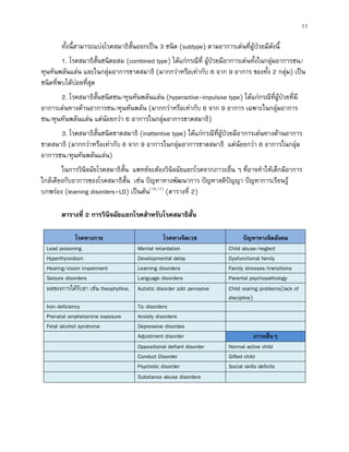 11
ทั้งนี้สามารถแบงโรคสมาธิสั้นออกเปน 3 ชนิด (subtype) ตามอาการเดนที่ผูปวยมีดังนี้
1. โรคสมาธิสั้นชนิดผสม (combined type) ไดแกกรณีที่ ผูปวยมีอาการเดนทั้งในกลุมอาการซน/
หุนหันพลันแลน และในกลุมอาการขาดสมาธิ (มากกวาหรือเทากับ 6 จาก 9 อาการ ของทั้ง 2 กลุม) เปน
ชนิดที่พบไดบอยที่สุด
2. โรคสมาธิสั้นชนิดซน/หุนหันพลันแลน (hyperactive-impulsive type) ไดแกกรณีที่ผูปวยที่มี
อาการเดนทางดานอาการซน/หุนหันพลัน (มากกวาหรือเทากับ 6 จาก 9 อาการ เฉพาะในกลุมอาการ
ซน/หุนหันพลันแลน แตนอยกวา 6 อาการในกลุมอาการขาดสมาธิ)
3. โรคสมาธิสั้นชนิดขาดสมาธิ (inattentive type) ไดแกกรณีที่ผูปวยมีอาการเดนทางดานอาการ
ขาดสมาธิ (มากกวาหรือเทากับ 6 จาก 9 อาการในกลุมอาการขาดสมาธิ แตนอยกวา 6 อาการในกลุม
อาการซน/หุนหันพลันแลน)
ในการวินิจฉัยโรคสมาธิสั้น แพทยจะตองวินิจฉัยแยกโรคจากภาวะอื่น ๆ ที่อาจทําใหเด็กมีอาการ
ใกลเคียงกับอาการของโรคสมาธิสั้น เชน ปญหาทางพัฒนาการ ปญหาสติปญญา ปญหาการเรียนรู
บกพรอง (learning disorders–LD) เปนตน(16,17)
(ตารางที่ 2)
ตารางที่ 2 การวินิจฉัยแยกโรคสําหรับโรคสมาธิสั้น
โรคทางกาย โรคทางจิตเวช ปญหาทางจิตสังคม
Lead poisoning Mental retardation Child abuse/neglect
Hyperthyroidism Developmental delay Dysfunctional family
Hearing/vision impairment Learning disorders Family stresses/transitions
Seizure disorders Language disorders Parental psychopathology
ผลของการไดรับยา เชน theophylline,
pseudoephredine, phenobarbital
Autistic disorder และ pervasive
developmental disorders อื่น ๆ
Child rearing problems(lack of
discipline)
Iron deficiency Tic disorders
Prenatal amphetamine exposure Anxiety disorders
Fetal alcohol syndrome Depressive disordes
Adjustment disorder ภาวะอื่นๆ
Oppositional defiant disorder Normal active child
Conduct Disorder Gifted child
Psychotic disorder Social skills deficits
Substance abuse disorders
 