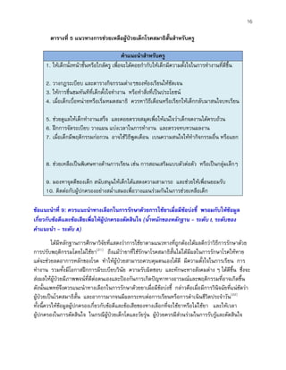 16
ตารางที่ 5 แนวทางการชวยเหลือผูปวยเด็กโรคสมาธิสั้นสําหรับครู
ขอแนะนําที่ 9: ควรแนะนําทางเลือกในการรักษาดวยการใชยาเมื่อมีขอบงชี้ พรอมกับใหขอมูล
เกี่ยวกับขอดีและขอเสียเพื่อใหผูปกครองตัดสินใจ (น้ําหนักของหลักฐาน - ระดับ I, ระดับของ
คําแนะนํา - ระดับ A)
ไดมีหลักฐานการศึกษาวิจัยที่แสดงวาการใชยาตามแนวทางที่ถูกตองไดผลดีกวาวิธีการรักษาดวย
การปรับพฤติกรรมโดยไมใชยา(21)
ถึงแมวายาที่ใชรักษาโรคสมาธิสั้นไมไดมีผลในการรักษาโรคใหหาย
แตจะชวยลดอาการหลักของโรค ทําใหผูปวยสามารถควบคุมตนเองไดดี มีความตั้งใจในการเรียน การ
ทํางาน รวมทั้งมีโอกาสฝกการมีระเบียบวินัย ความรับผิดชอบ และทักษะทางสังคมตาง ๆ ไดดีขึ้น ซึ่งจะ
สงผลใหผูปวยมีภาพพจนที่ดีตอตนเองและปองกันการเกิดปญหาทางอารมณและพฤติกรรมที่อาจเกิดขึ้น
ดังนั้นแพทยจึงควรแนะนําทางเลือกในการรักษาดวยยาเมื่อมีขอบงชี้ กลาวคือเมื่อมีการวินิจฉัยที่แนชัดวา
ผูปวยเปนโรคสมาธิสั้น และอาการมากจนมีผลกระทบตอการเรียนหรือการดําเนินชีวิตประจําวัน(22)
ทั้งนี้ควรใหขอมูลผูปกครองเกี่ยวกับขอดีและขอเสียของทางเลือกที่จะใชยาหรือไมใชยา และใหเวลา
ผูปกครองในการตัดสินใจ ในกรณีผูปวยเด็กโตและวัยรุน ผูปวยควรมีสวนรวมในการรับรูและตัดสินใจ
คําแนะนําสําหรับครู
1. ใหเด็กนั่งหนาชั้นหรือใกลครู เพื่อจะไดคอยกํากับใหเด็กมีความตั้งใจในการทํางานที่ดีขึ้น
ไมควรใหเด็กนั่งหลังหองหรือใกลประตูหนาตาง ซึ่งจะมีโอกาสถูกกระตุนใหเสียสมาธิไดงาย
2. วางกฎระเบียบ และตารางกิจกรรมตางๆของหองเรียนใหชัดเจน
3. ใหการชื่นชมทันทีที่เด็กตั้งใจทํางาน หรือทําสิ่งที่เปนประโยชน
4. เมื่อเด็กเบื่อหนายหรือเริ่มหมดสมาธิ ควรหาวิธีเตือนหรือเรียกใหเด็กกลับมาสนใจบทเรียน
โดยไมทําใหเด็กเสียหนา
5. ชวยดูแลใหเด็กทํางานเสร็จ และคอยตรวจสมุดเพื่อใหแนใจวาเด็กจดงานไดครบถวน
6. ฝกการจัดระเบียบ วางแผน แบงเวลาในการทํางาน และตรวจทบทวนผลงาน
7. เมื่อเด็กมีพฤติกรรมกอกวน อาจใชวิธีพูดเตือน เบนความสนใจใหทํากิจกรรมอื่น หรือแยก
ใหอยูสงบตามลําพังประมาณ 5 นาที ควรหลีกเลี่ยงการตําหนิ ดุวา หรือลงโทษรุนแรง
ซึ่งจะเปนการเราใหเด็กเสียการควบคุมตัวเองมากขึ้น
8. ชวยเหลือเปนพิเศษทางดานการเรียน เชน การสอนเสริมแบบตัวตอตัว หรือเปนกลุมเล็กๆ
ในรายที่มีความบกพรองในทักษะดานการเรียน
9. มองหาจุดดีของเด็ก สนับสนุนใหเด็กไดแสดงความสามารถ และชวยใหเพื่อนยอมรับ
10. ติดตอกับผูปกครองอยางสม่ําเสมอเพื่อวางแผนรวมกันในการชวยเหลือเด็ก
 