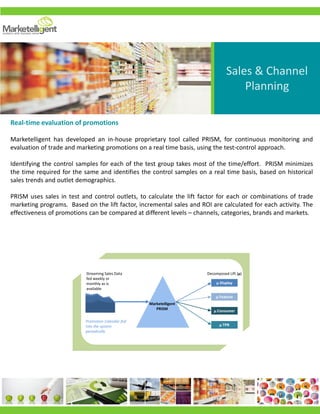 Streaming Sales Data
fed weekly or
monthly as is
available
Promotion Calendar fed
into the system
periodically
Marketelligent
PRISM
µ Display
µ Feature
µ Consumer
µ TPR
Decomposed Lift (µ)
Sales & Channel
Planning
Real-time evaluation of promotions
Marketelligent has developed an in-house proprietary tool called PRISM, for continuous monitoring and
evaluation of trade and marketing promotions on a real time basis, using the test-control approach.
Identifying the control samples for each of the test group takes most of the time/effort. PRISM minimizes
the time required for the same and identifies the control samples on a real time basis, based on historical
sales trends and outlet demographics.
PRISM uses sales in test and control outlets, to calculate the lift factor for each or combinations of trade
marketing programs. Based on the lift factor, incremental sales and ROI are calculated for each activity. The
effectiveness of promotions can be compared at different levels – channels, categories, brands and markets.
 