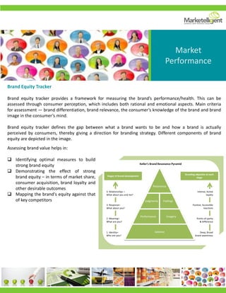 Assessing brand value helps in:
 Identifying optimal measures to build
strong brand equity
 Demonstrating the effect of strong
brand equity – in terms of market share,
consumer acquisition, brand loyalty and
other desirable outcomes
 Mapping the brand's equity against that
of key competitors Judgments
Resonance
Feelings
ImageryPerformance
Salience
Stages of brand development
4. Relationships =
What about you and me?
3. Response=
What about you?
2. Meaning=
What are you?
1. Identity=
Who are you?
Branding objective at each
stage
Intense, Active
loyalty
Positive, Accessible
reactions
Points-of-parity
& Difference
Deep, Broad
brand awareness
Keller’s Brand Resonance Pyramid
Market
Performance
Brand Equity Tracker
Brand equity tracker provides a framework for measuring the brand’s performance/health. This can be
assessed through consumer perception, which includes both rational and emotional aspects. Main criteria
for assessment — brand differentiation, brand relevance, the consumer’s knowledge of the brand and brand
image in the consumer’s mind.
Brand equity tracker defines the gap between what a brand wants to be and how a brand is actually
perceived by consumers, thereby giving a direction for branding strategy. Different components of brand
equity are depicted in the image.
 