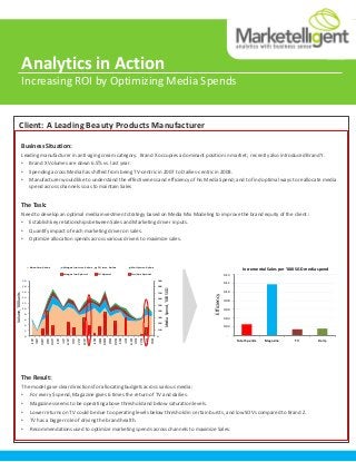 Business Situation:
Leading manufacturer in anti-aging cream category. Brand X occupies a dominant position in market; recently also introduced Brand Y.
• Brand X Volumes are down 6.5% vs. last year.
• Spending across Media has shifted from being TV-centric in 2007 to Dailies-centricin 2008.
• Manufacturer would like to understand the effectiveness and efficiency of his Media Spend; and to find optimal ways to reallocate media
spend across channels so as to maintain Sales
The Task:
Need to develop an optimal media investment strategy based on Media Mix Modeling to improve the brand equity of the client :
• Establish key relationships between Sales and Marketing driver inputs.
• Quantify impact of each marketing driver on sales.
• Optimize allocation spends across various drivers to maximize sales.
The Result:
The model gave clear directions for allocating budgets across various media :
• For every $ spend, Magazine gives 6 times the return of TV and dailies.
• Magazines seems to be operating above threshold and below saturation levels.
• Lower returns on TV could be due to operating levels below threshold in certain bursts, and low SOVs compared to Brand Z.
• TV has a bigger role of driving the brand health.
• Recommendationsused to optimize marketing spends across channels to maximize Sales.
Analytics in Action
Increasing ROI by Optimizing Media Spends
Client: A Leading Beauty Products Manufacturer
0
100
200
300
400
500
600
700
800
900
0
2
4
6
8
10
12
14
16
18
20
JAN07
FEB07
MAR07
APR07
MAY07
JUN07
JUL07
AUG07
SEP07
OCT07
NOV07
DEC07
JAN08
FEB08
MAR08
APR08
MAY08
JUN08
JUL08
AUG08
SEP08
OCT08
NOV08
DEC08
Baseline Sales Magazine Incr. Sales TV Incr. Sales Daily Incr. Sales
test Magazine Spend TV Spend Dailies Spend
Volume,‘000units
MediaSpend,‘000SGD
-
0.02
0.04
0.06
0.08
0.10
0.12
0.14
Total Spends Magazine TV Daily
Efficiency
Incremental Sales per ‘000 SGD media spend
 