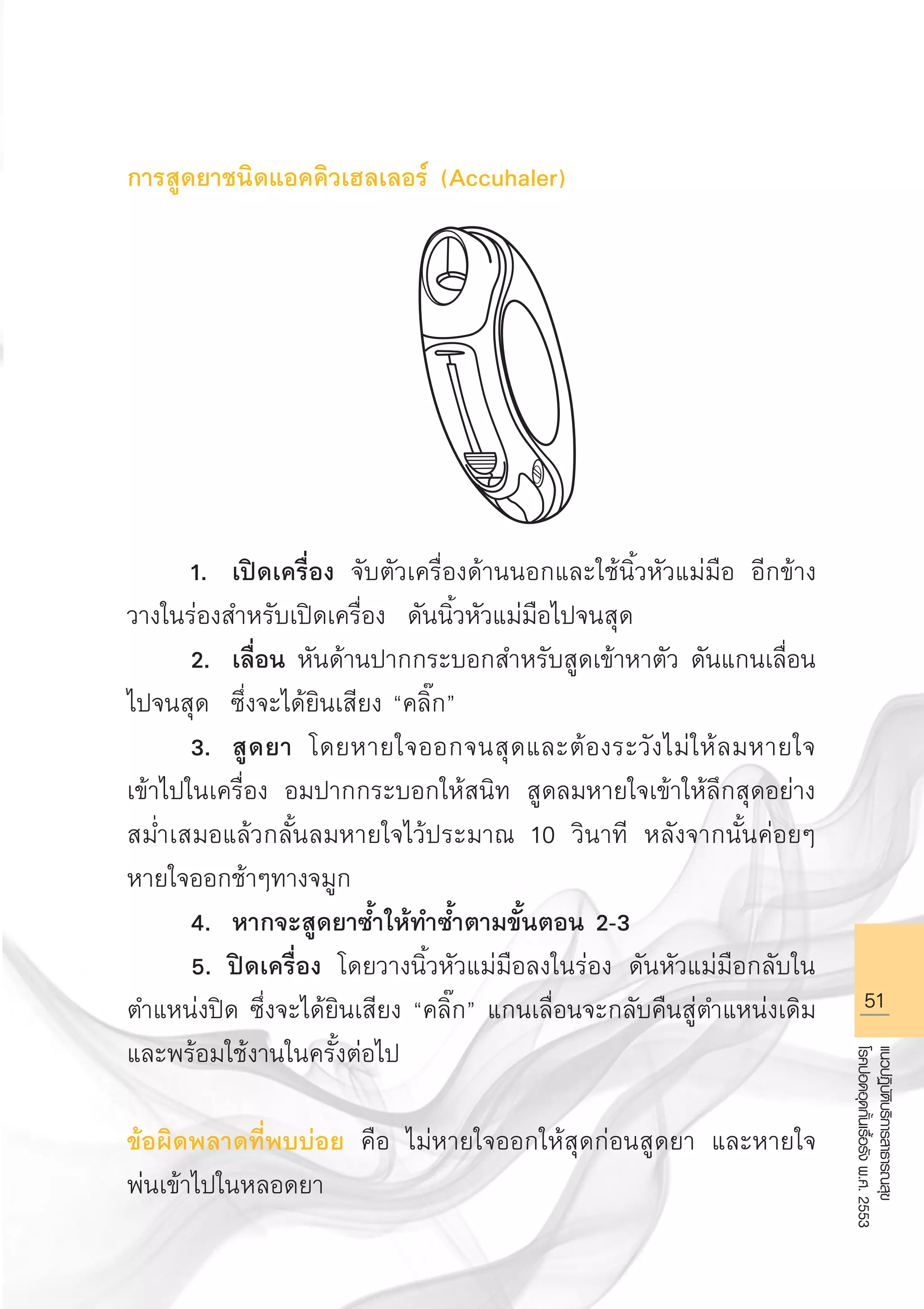 51
แนวปฏิบัติบริการสาธารณสุข
โรคปอดอุดกั้นเรื้อรังพ.ศ.2553
การสูดยาชนิดแอคคิวเฮลเลอร์ (Accuhaler)








		 1.	 เปิดเครื่อง จับตัวเครื่องด้านนอกและใช้นิ้วหัวแม่มือ อีกข้าง
วางในร่องสำหรับเปิดเครื่อง ดันนิ้วหัวแม่มือไปจนสุด
		 2.	 เลื่อน หันด้านปากกระบอกสำหรับสูดเข้าหาตัว ดันแกนเลื่อน
ไปจนสุด ซึ่งจะได้ยินเสียง “คลิ๊ก” 
		 3.	 สูดยา โดยหายใจออกจนสุดและต้องระวังไม่ให้ลมหายใจ
เข้าไปในเครื่อง อมปากกระบอกให้สนิท สูดลมหายใจเข้าให้ลึกสุดอย่าง
สม่ำเสมอแล้วกลั้นลมหายใจไว้ประมาณ 10 วินาที หลังจากนั้นค่อยๆ
หายใจออกช้าๆทางจมูก
		 4.	 หากจะสูดยาซ้ำให้ทำซ้ำตามขั้นตอน 2-3
		 5. ปิดเครื่อง โดยวางนิ้วหัวแม่มือลงในร่อง ดันหัวแม่มือกลับใน
ตำแหน่งปิด ซึ่งจะได้ยินเสียง “คลิ๊ก” แกนเลื่อนจะกลับคืนสู่ตำแหน่งเดิม
และพร้อมใช้งานในครั้งต่อไป
		
ข้อผิดพลาดที่พบบ่อย คือ ไม่หายใจออกให้สุดก่อนสูดยา และหายใจ
พ่นเข้าไปในหลอดยา
AW HSPG 1 C.indd 51 10/26/10 7:34:02 PM
 