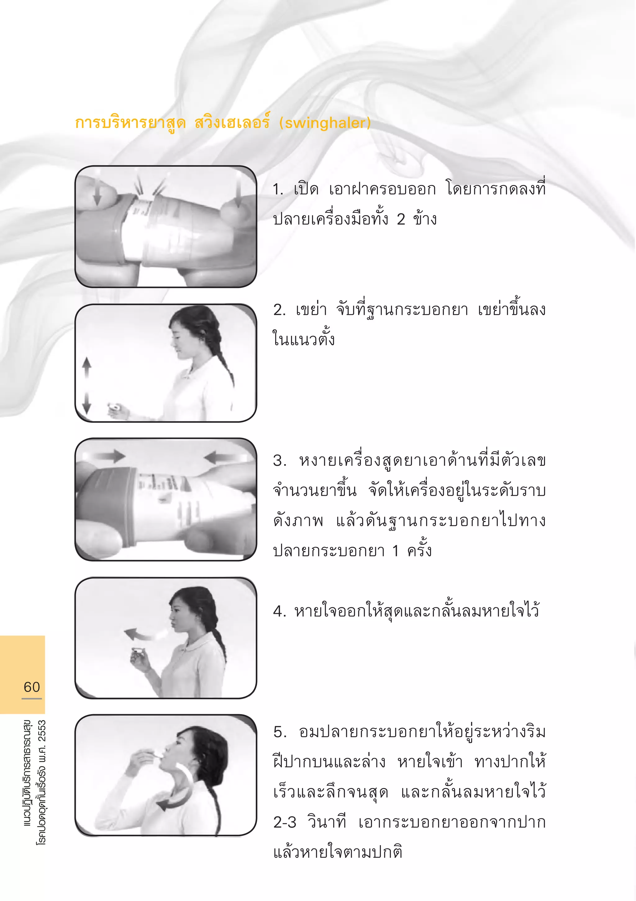 60
แนวปฏิบัติบริการสาธารณสุข
โรคปอดอุดกั้นเรื้อรังพ.ศ.2553
การบริหารยาสูด สวิงเฮเลอร์ (swinghaler)
				
 
1. เปิด เอาฝาครอบออก โดยการกดลงที่
ปลายเครื่องมือทั้ง 2 ข้าง


2. เขย่า จับที่ฐานกระบอกยา เขย่าขึ้นลง
ในแนวตั้ง



3. หงายเครื่องสูดยาเอาด้านที่มีตัวเลข
จำนวนยาขึ้น จัดให้เครื่องอยู่ในระดับราบ
ดังภาพ แล้วดันฐานกระบอกยาไปทาง
ปลายกระบอกยา 1 ครั้ง

4. หายใจออกให้สุดและกลั้นลมหายใจไว้



5. อมปลายกระบอกยาให้อยู่ระหว่างริม
ฝีปากบนและล่าง หายใจเข้า ทางปากให้
เร็วและลึกจนสุด และกลั้นลมหายใจไว้

2-3 วินาที เอากระบอกยาออกจากปาก
แล้วหายใจตามปกติ
AW HSPG 1 C.indd 60 10/26/10 7:35:20 PM
 