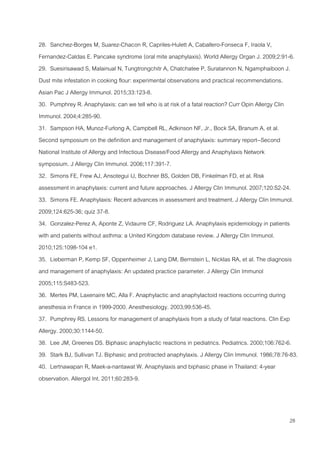 28
28. Sanchez-Borges M, Suarez-Chacon R, Capriles-Hulett A, Caballero-Fonseca F, Iraola V,
Fernandez-Caldas E. Pancake syndrome (oral mite anaphylaxis). World Allergy Organ J. 2009;2:91-6.
29. Suesirisawad S, Malainual N, Tungtrongchitr A, Chatchatee P, Suratannon N, Ngamphaiboon J.
Dust mite infestation in cooking flour: experimental observations and practical recommendations.
Asian Pac J Allergy Immunol. 2015;33:123-8.
30. Pumphrey R. Anaphylaxis: can we tell who is at risk of a fatal reaction? Curr Opin Allergy Clin
Immunol. 2004;4:285-90.
31. Sampson HA, Munoz-Furlong A, Campbell RL, Adkinson NF, Jr., Bock SA, Branum A, et al.
Second symposium on the definition and management of anaphylaxis: summary report--Second
National Institute of Allergy and Infectious Disease/Food Allergy and Anaphylaxis Network
symposium. J Allergy Clin Immunol. 2006;117:391-7.
32. Simons FE, Frew AJ, Ansotegui IJ, Bochner BS, Golden DB, Finkelman FD, et al. Risk
assessment in anaphylaxis: current and future approaches. J Allergy Clin Immunol. 2007;120:S2-24.
33. Simons FE. Anaphylaxis: Recent advances in assessment and treatment. J Allergy Clin Immunol.
2009;124:625-36; quiz 37-8.
34. Gonzalez-Perez A, Aponte Z, Vidaurre CF, Rodriguez LA. Anaphylaxis epidemiology in patients
with and patients without asthma: a United Kingdom database review. J Allergy Clin Immunol.
2010;125:1098-104 e1.
35. Lieberman P, Kemp SF, Oppenheimer J, Lang DM, Bernstein L, Nicklas RA, et al. The diagnosis
and management of anaphylaxis: An updated practice parameter. J Allergy Clin Immunol
2005;115:S483-523.
36. Mertes PM, Laxenaire MC, Alla F. Anaphylactic and anaphylactoid reactions occurring during
anesthesia in France in 1999-2000. Anesthesiology. 2003;99:536-45.
37. Pumphrey RS. Lessons for management of anaphylaxis from a study of fatal reactions. Clin Exp
Allergy. 2000;30:1144-50.
38. Lee JM, Greenes DS. Biphasic anaphylactic reactions in pediatrics. Pediatrics. 2000;106:762-6.
39. Stark BJ, Sullivan TJ. Biphasic and protracted anaphylaxis. J Allergy Clin Immunol. 1986;78:76-83.
40. Lertnawapan R, Maek-a-nantawat W. Anaphylaxis and biphasic phase in Thailand: 4-year
observation. Allergol Int. 2011;60:283-9.
 