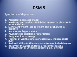 DSM 5
Symptoms of depression
1. Persistent depressed mood
2. Persistent and marked diminished interest or pleasure in
most activities
3. Significant weight loss or weight gain or changes in
appetite
4. Insomnia or hypersomnia
5. Psychomotor agitation or retardation
6. Fatigue or loss of energy
7. Feelings of worthlessness or excessive / inappropriate
guilt
8. Reduced ability to think or concentrate or indecisiveness
9. Recurrent thoughts of death, or recurrent suicidal
ideation with or without a specific plan / attempt
 