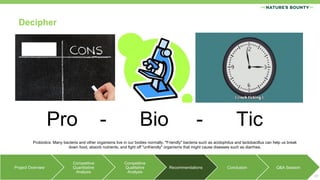 Decipher
27
Pro - Bio - Tic
Probiotics: Many bacteria and other organisms live in our bodies normally. "Friendly" bacteria such as acidophilus and lactobacillus can help us break
down food, absorb nutrients, and fight off "unfriendly" organisms that might cause diseases such as diarrhea.
Project Overview
Competitive
Quantitative
Analysis
Competitive
Qualitative
Analysis
Recommendations Conclusion Q&A Session
 