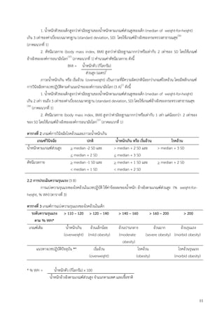 11
1. น้าหนักตัวของเด็กสูงกว่าค่ามัธยฐานของน้าหนักตามเกณฑ์ส่วนสูงของเด็ก (median of weight-for-height)
เกิน 3 เท่าของค่าเบี่ยงเบนมาตรฐาน (standard deviation, SD) โดยใช้เกณฑ์อ้างอิงของกระทรวงสาธารณสุข(36)
(ภาคผนวกที่ 1)
2. ดัชนีมวลกาย (body mass index, BMI) สูงกว่าค่ามัธยฐานมากกว่าหรือเท่ากับ 2 เท่าของ SD โดยใช้เกณฑ์
อ้างอิงขององค์การอนามัยโลก(37)
(ภาคผนวกที่ 1) คานวณค่าดัชนีมวลกาย ดังนี้
BMI = น้าหนักตัว (กิโลกรัม)
ส่วนสูง (เมตร)2
ภาวะน้าหนักเกิน หรือ เริ่มอ้วน (overweight) เป็นภาวะที่มีความผิดปกติน้อยกว่าเกณฑ์โรคอ้วน โดยมีหลักเกณฑ์
การวินิจฉัยทางเวชปฏิบัติตามคาแนะนาขององค์การอนามัยโลก (3 A)(1)
ดังนี้
1. น้าหนักตัวของเด็กสูงกว่าค่ามัธยฐานของน้าหนักตามเกณฑ์ส่วนสูงของเด็ก (median of weight-for-height)
เกิน 2 เท่า จนถึง 3 เท่าของค่าเบี่ยงเบนมาตรฐาน (standard deviation, SD) โดยใช้เกณฑ์อ้างอิงของกระทรวงสาธารณสุข
(36)
(ภาคผนวกที่ 1)
2. ดัชนีมวลกาย (body mass index, BMI) สูงกว่าค่ามัธยฐานมากกว่าหรือเท่ากับ 1 เท่า แต่น้อยกว่า 2 เท่าของ
ของ SD โดยใช้เกณฑ์อ้างอิงขององค์การอนามัยโลก(37)
(ภาคผนวกที่ 1)
ตารางที่ 2 เกณฑ์การวินิจฉัยโรคอ้วนและภาวะน้าหนักเกิน
เกณฑ์วินิจฉัย ปกติ น้าหนักเกิน หรือ เริ่มอ้วน โรคอ้วน
น้าหนักตามเกณฑ์ส่วนสูง > median -2 SD และ
< median + 2 SD
> median + 2 SD และ
< median + 3 SD
> median + 3 SD
ดัชนีมวลกาย > median -1 SD และ
< median + 1 SD
> median + 1 SD และ
< median + 2 SD
> median + 2 SD
2.2 การประเมินความรุนแรง (3 B)
การแบ่งความรุนแรงของโรคอ้วนในเวชปฏิบัติ ใช้ค่าร้อยละของน้าหนัก อ้างอิงตามเกณฑ์ส่วนสูง (% weight-for-
height, % WH) (ตารางที่ 3)
ตารางที่ 3 เกณฑ์การแบ่งความรุนแรงของโรคอ้วนในเด็ก
ระดับความรุนแรง
ตาม % WH*
> 110 – 120 > 120 – 140 > 140 – 160 > 160 – 200 > 200
เกณฑ์เดิม น้าหนักเกิน
(overweight)
อ้วนเล็กน้อย
(mild obesity)
อ้วนปานกลาง
(moderate
obesity)
อ้วนมาก
(severe obesity)
อ้วนรุนแรง
(morbid obesity)
แนวทางเวชปฏิบัติปัจจุบัน ** เริ่มอ้วน
(overweight)
โรคอ้วน
(obesity)
โรคอ้วนรุนแรง
(morbid obesity)
* % WH = น้าหนักตัว (กิโลกรัม) x 100
น้าหนักอ้างอิงตามเกณฑ์ส่วนสูง จาแนกตามเพศ และเชื้อชาติ
 