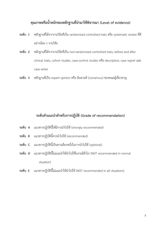 5
คุณภาพหรือน้าหนักของหลักฐานที่นามาใช้พิจารณา (Level of evidence)
ระดับ 1 หลักฐานที่ได้จากงานวิจัยที่เป็น randomized controlled trials หรือ systematic review ที่ดี
อย่างน้อย 1 งานวิจัย
ระดับ 2 หลักฐานที่ได้จากงานวิจัยที่เป็น non-randomized controlled trials, before and after
clinical trials, cohort studies, case-control studies หรือ descriptive, case report และ
case series
ระดับ 3 หลักฐานที่เป็น expert opinion หรือ ฉันทามติ (consensus) ของคณะผู้เชี่ยวชาญ
ระดับคาแนะนาสาหรับการปฏิบัติ (Grade of recommendation)
ระดับ A แนวทางปฏิบัตินี้ให้มีการนาไปใช้ (strongly recommended)
ระดับ B แนวทางปฏิบัตินี้ควรนาไปใช้ (recommended)
ระดับ C แนวทางปฏิบัตินี้เป็นทางเลือกหนึ่งในการนาไปใช้ (optional)
ระดับ D แนวทางปฎิบัตินี้ไม่แนะนาให้นาไปใช้ในกรณีทั่วไป (NOT recommended in normal
situation)
ระดับ E แนวทางปฏิบัตินี้ไม่แนะนาให้นาไปใช้ (NOT recommended in all situations)
 