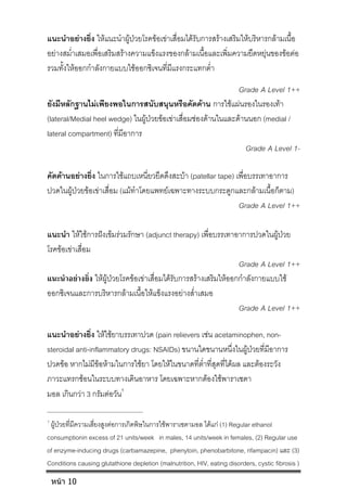 แนะนําอยางยิ่ง ใหแนะนําผูปวยโรคขอเขาเสื่อมไดรับการสรางเสริมใหบริหารกลามเนื้อ
อยางสม่ําเสมอเพื่อเสริมสรางความแข็งแรงของกลามเนื้อและเพิ่มความยืดหยุนของขอตอ
รวมทั้งใหออกกําลังกายแบบใชออกซิเจนที่มีแรงกระแทกต่ํา
Grade A Level 1++
ยังมีหลักฐานไมเพียงพอในการสนับสนุนหรือคัดคาน การใชแผนรองในรองเทา
(lateral/Medial heel wedge) ในผูปวยขอเขาเสื่อมชองดานในและดานนอก (medial /
lateral compartment) ที่มีอาการ
Grade A Level 1-
คัดคานอยางยิ่ง ในการใชแถบเหนี่ยวยึดดึงสะบา (patellar tape) เพื่อบรรเทาอาการ
ปวดในผูปวยขอเขาเสื่อม (แมทําโดยแพทยเฉพาะทางระบบกระดูกและกลามเนื้อก็ตาม)
Grade A Level 1++
แนะนํา ใหใชการฝงเข็มรวมรักษา (adjunct therapy) เพื่อบรรเทาอาการปวดในผูปวย
โรคขอเขาเสื่อม
Grade A Level 1++
แนะนําอยางยิ่ง ใหผูปวยโรคขอเขาเสื่อมไดรับการสรางเสริมใหออกกําลังกายแบบใช
ออกซิเจนและการบริหารกลามเนื้อใหแข็งแรงอยางส่ําเสมอ
Grade A Level 1++
แนะนําอยางยิ่ง ใหใชยาบรรเทาปวด (pain relievers เชน acetaminophen, non-
steroidal anti-inflammatory drugs: NSAIDs) ขนานใดขนานหนึ่งในผูปวยที่มีอาการ
ปวดขอ หากไมมีขอหามในการใชยา โดยใหในขนาดที่ต่ําที่สุดที่ไดผล และตองระวัง
ภาวะแทรกซอนในระบบทางเดินอาหาร โดยเฉพาะหากตองใชพาราเซตา
มอล เกินกวา 3 กรัมตอวัน1
1
ผูปวยที่มีความเสี่ยงสูงตอการเกิดพิษในการใชพาราเซตามอล ไดแก (1) Regular ethanol
consumptionin excess of 21 units/week in males, 14 units/week in females, (2) Regular use
of enzyme-inducing drugs (carbamazepine, phenytoin, phenobarbitone, rifampacin) และ (3)
Conditions causing glutathione depletion (malnutrition, HIV, eating disorders, cystic fibrosis )
หน้า 10
 