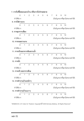 7. การไปซื้อของนอกบาน หรือการไปจายตลาด
0 1 2 3 4 5 6 7 8 9 10
ทําไดดีมาก เปนปญหามากที่สุด(ไมสามารถทําได)
8. การใสกางเกง
0 1 2 3 4 5 6 7 8 9 10
ทําไดดีมาก เปนปญหามากที่สุด(ไมสามารถทําได)
9. การลุกจากเตียง
0 1 2 3 4 5 6 7 8 9 10
ทําไดดีมาก เปนปญหามากที่สุด(ไมสามารถทําได)
10. การถอดกางเกง
0 1 2 3 4 5 6 7 8 9 10
ทําไดดีมาก เปนปญหามากที่สุด(ไมสามารถทําได)
11. การเขาออกจากหองอาบน้ํา
0 1 2 3 4 5 6 7 8 9 10
ทําไดดีมาก เปนปญหามากที่สุด(ไมสามารถทําได)
12. การนั่ง
0 1 2 3 4 5 6 7 8 9 10
ทําไดดีมาก เปนปญหามากที่สุด(ไมสามารถทําได)
13. การเขา-ออกจากสวม
0 1 2 3 4 5 6 7 8 9 10
ทําไดดีมาก เปนปญหามากที่สุด(ไมสามารถทําได)
14. การทํางานบานหนักๆ
0 1 2 3 4 5 6 7 8 9 10
ทําไดดีมาก เปนปญหามากที่สุด(ไมสามารถทําได)
15. การทํางานบานเบาๆ
0 1 2 3 4 5 6 7 8 9 10
ทําไดดีมาก เปนปญหามากที่สุด(ไมสามารถทําได)
“WOMACVA 3.01 Index for Thailand. Copyright 2006 Nicholas Bellamy. All Rights Reserved”
หน้า 72
 