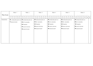 Week 1                            Week 2                          Week 3                              Week 4                             Week 5                                 Week 6
Plan of care   …………………………..                    …………………………..                    ……………………………                            …………………………..                        …………………………                         ………………………………
               1   2   3   4   5   6   7   8    9   10    11   12   13   14   15   16   17   18   19   20   21   22    23   24   25   26   27   28   29   30   31   32   33   34   35   36   37   38   39    41 42 43
                                                                                                                                                                                                            40
Assessment     ● anxiety,fear,pain,v/s ● anxiety,fear,pain,v/s                ● anxiety,fear,pain,v/s            ● anxiety,fear,pain,v/s             ● anxiety,fear,pain,v/s            ● anxiety,fear,pain,v/s
                physical exam          ● N/V, stomatitis                      ● N/V, stomatitis                  ● N/V, stomatitis                   ● N/V, stomatitis                  ● N/V, stomatitis
                                       ● Phepbitis                            ● Phepbitis                        ● Phepbitis                         ● Phepbitis                        ● Phepbitis
                                       ● tissure necrosis                     ● tissure necrosis                 ● tissure necrosis                  ● tissure necrosis                 ● tissure necrosis
                                       ● physical exam                        ● physical exam                    ● physical exam                     ● physical exam                    ● physical exam
 