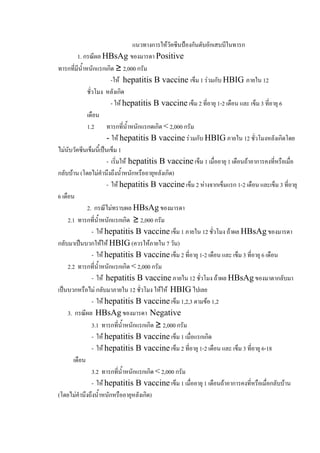 แนวทางการใหวัคซีนปองกันตับอักเสบบีในทารก
         1. กรณีผล HBsAg ของมารดา Positive
ทารกที่มีน้ําหนักแรกเกิด ≥ 2,000 กรัม
                         -ให hepatitis B vaccine เข็ม 1 รวมกับ HBIG ภายใน 12
              ชั่วโมง หลังเกิด
                         - ให hepatitis B vaccine เข็ม 2 ที่อายุ 1-2 เดือน และ เข็ม 3 ที่อายุ 6
              เดือน
              1.2 ทารกที่น้ําหนักแรกดเกิด < 2,000 กรัม
                       - ให hepatitis B vaccine รวมกับ HBIG ภายใน 12 ชั่วโมงหลังเกิดโดย
ไมนบวัคซีนเข็มนี้เปนเข็ม 1
     ั
                       - เริ่มให hepatitis B vaccine เข็ม 1 เมื่ออายุ 1 เดือนถาอาการคงที่หรือเมื่อ
กลับบาน (โดยไมคํานึงถึงน้าหนักหรืออายุหลังเกิด)
                               ํ
                       - ให hepatitis B vaccine เข็ม 2 หางจากเข็มแรก 1-2 เดือน และเข็ม 3 ที่อายุ
6 เดือน
              2. กรณีไมทราบผล HBsAg ของมารดา
     2.1 ทารกที่น้ําหนักแรกเกิด ≥ 2,000 กรัม
                 - ให hepatitis B vaccine เข็ม 1 ภายใน 12 ชั่วโมง ถาผล HBsAg ของมารดา
กลับมาเปนบวกใหให HBIG (ควรใหภายใน 7 วัน)
                 - ให hepatitis B vaccine เข็ม 2 ที่อายุ 1-2 เดือน และ เข็ม 3 ที่อายุ 6 เดือน
     2.2 ทารกที่น้ําหนักแรกเกิด < 2,000 กรัม
                 - ให hepatitis B vaccine ภายใน 12 ชั่วโมง ถาผล HBsAg ของมาดากลับมา
เปนบวกหรือไม กลับมาภายใน 12 ชั่วโมง ใหให HBIG ไปเลย
                 - ให hepatitis B vaccine เข็ม 1,2,3 ตามขอ 1,2
     3. กรณีผล HBsAg ของมารดา Negative
                 3.1 ทารกที่น้ําหนักแรกเกิด ≥ 2,000 กรัม
                 - ให hepatitis B vaccine เข็ม 1 เมื่อแรกเกิด
                 - ให hepatitis B vaccine เข็ม 2 ที่อายุ 1-2 เดือน และ เข็ม 3 ที่อายุ 6-18
       เดือน
                 3.2 ทารกที่น้ําหนักแรกเกิด < 2,000 กรัม
                 - ให hepatitis B vaccine เข็ม 1 เมื่ออายุ 1 เดือนถาอาการคงที่หรือเมื่อกลับบาน
(โดยไมคํานึงถึงน้ําหนักหรืออายุหลังเกิด)
 