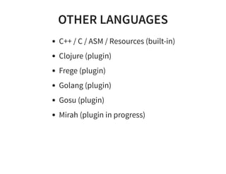OTHER LANGUAGES
C++ / C / ASM / Resources (built-in)
Clojure (plugin)
Frege (plugin)
Golang (plugin)
Gosu (plugin)
Mirah (plugin in progress)
 