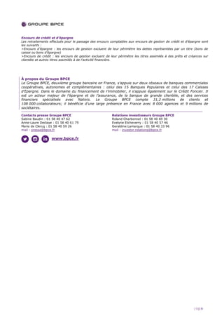 19|19
Encours de crédit et d’épargne
Les retraitements effectués pour le passage des encours comptables aux encours de gestion de crédit et d’épargne sont
les suivants :
>Encours d’épargne : les encours de gestion excluent de leur périmètre les dettes représentées par un titre (bons de
caisse ou bons d’épargne)
>Encours de crédit : les encours de gestion excluent de leur périmètre les titres assimilés à des prêts et créances sur
clientèle et autres titres assimilés à de l’activité financière.
À propos du Groupe BPCE
Le Groupe BPCE, deuxième groupe bancaire en France, s’appuie sur deux réseaux de banques commerciales
coopératives, autonomes et complémentaires : celui des 15 Banques Populaires et celui des 17 Caisses
d'Epargne. Dans le domaine du financement de l’immobilier, il s’appuie également sur le Crédit Foncier. Il
est un acteur majeur de l’épargne et de l’assurance, de la banque de grande clientèle, et des services
financiers spécialisés avec Natixis. Le Groupe BPCE compte 31,2 millions de clients et
108 000 collaborateurs; il bénéficie d’une large présence en France avec 8 000 agences et 9 millions de
sociétaires.
Contacts presse Groupe BPCE
Sabine Baudin : 01 58 40 47 62
Anne-Laure Declaye : 01 58 40 61 79
Marie de Clercq : 01 58 40 59 26
mail : presse@bpce.fr
Relations investisseurs Groupe BPCE
Roland Charbonnel : 01 58 40 69 30
Evelyne Etcheverry : 01 58 40 57 46
Geraldine Lamarque : 01 58 40 33 96
mail : investor.relations@bpce.fr
www.bpce.fr
 