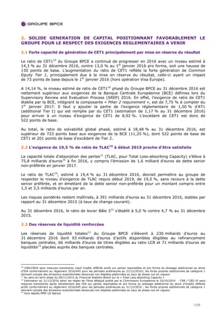 7|19
2. SOLIDE GENERATION DE CAPITAL POSITIONNANT FAVORABLEMENT LE
GROUPE POUR LE RESPECT DES EXIGENCES REGLEMENTAIRES A VENIR
2.1 Forte capacité de génération de CET1 principalement par mise en réserve du résultat
Le ratio de CET110
du Groupe BPCE a continué de progresser en 2016 avec un niveau estimé à
14,3 % au 31 décembre 2016, contre 13,0 % au 1er
janvier 2016 pro forma, soit une hausse de
130 points de base. L’augmentation du ratio de CET1 reflète la forte génération de Common
Equity Tier 1, principalement due à la mise en réserve du résultat, celle-ci ayant un impact
de 73 points de base depuis le 1er
janvier 2016 (hors opération Visa Europe).
A 14,14 %, le niveau estimé de ratio de CET110
phasé du Groupe BPCE au 31 décembre 2016 est
nettement supérieur aux exigences de la Banque Centrale Européenne (BCE) définies lors du
Supervisory Review and Evaluation Process (SREP) 2016. En effet, l’exigence de ratio de CET1
établie par la BCE, intégrant la composante « Pilier 2 requirement », est de 7,75 % à compter du
1er
janvier 2017. Il faut y ajouter la partie de l’exigence réglementaire de 1,50 % d’AT1
(additional Tier 1) qui est remplie par du CET1 (estimation de 1,17 % au 31 décembre 2016)
pour arriver à un niveau d’exigence de CET1 de 8,92 %. L’excédent de CET1 est donc de
522 points de base.
Au total, le ratio de solvabilité global phasé, estimé à 18,48 % au 31 décembre 2016, est
supérieur de 723 points base aux exigences de la BCE (11,25 %), dont 522 points de base de
CET1 et 201 points de base d’excédent de Tier 2.
2.2 L’exigence de 19,5 % de ratio de TLAC10
à début 2019 proche d’être satisfaite
La capacité totale d’absorption des pertes11
(TLAC, pour Total Loss-absorbing Capacity) s’élève à
75,8 milliards d’euros10
à fin 2016, y compris l’émission de 1,6 milliard d’euros de dette senior
non-préférée en janvier 2017.
Le ratio de TLAC10
, estimé à 19,4 % au 31 décembre 2016, devrait permettre au groupe de
respecter le niveau d’exigence de TLAC requis début 2019, de 19,5 %, sans recours à la dette
senior préférée, et en émettant de la dette senior non-préférée pour un montant compris entre
1,5 et 3,5 milliards d’euros par an.
Les risques pondérés restent maîtrisés, à 391 milliards d’euros au 31 décembre 2016, stables par
rapport au 31 décembre 2015 (à taux de change courant).
Au 31 décembre 2016, le ratio de levier Bâle 312
s’établit à 5,0 % contre 4,7 % au 31 décembre
2015.
2.3 Des réserves de liquidité renforcées
Les réserves de liquidité totales13
du Groupe BPCE s’élèvent à 230 milliards d’euros au
31 décembre 2016 dont 93 milliards d’euros d’actifs disponibles éligibles au refinancement
banques centrales, 66 milliards d’euros de titres éligibles au ratio LCR et 71 milliards d’euros de
liquidités13
placées auprès des banques centrales.
10
CRR/CRD4 sans mesures transitoires (sauf impôts différés actifs sur pertes reportables et pro forma du phasage additionnel du stock
d’IDA conformément au règlement 2016/445 pour les périodes antérieures au 31/12/2016); les fonds propres additionnels de catégorie 1
tiennent compte des émissions subordonnées devenues non éligibles plafonnées au taux de phase-out en vigueur
11
Au sens du term sheet du 09/11/2015 du Financial Stability Board sur la « Total Loss-absorbing Capacity »
12
Estimation au 31/12/2016 selon les règles de l’Acte délégué publié par la Commission Européenne le 10/10/2014 - CRR / CRD IV sans
mesures transitoires après retraitement des IDA sur pertes reportables et pro forma du phasage additionnel du stock d’impôts différés
actifs conformément au règlement 2016/445 pour les périodes antérieures au 31/12/2016 ; les fonds propres additionnels de catégorie 1
tiennent compte des émissions subordonnées devenues non éligibles plafonnées au taux de phase-out en vigueur
13
Hors dépôts MMF US Natixis
 