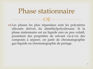 
 Les phases les plus répandues sont les polymères
siliconés dérivés du diméthylpolysiloxane. Si la
phase stationnaire est un liquide non ou peu volatil,
possédant des propriétés de solvant vis-à-vis des
composés à séparer, on parle de chromatographie
gaz-liquide ou chromatographie de partage.
Phase stationnaire
13
 