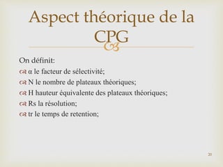
On définit:
 α le facteur de sélectivité;
 N le nombre de plateaux théoriques;
 H hauteur équivalente des plateaux théoriques;
 Rs la résolution;
 tr le temps de retention;
Aspect théorique de la
CPG
20
 