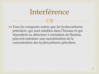 
 Tous les composés autres que les hydrocarbures
pétroliers, qui sont solubles dans l’hexane et qui
répondent au détecteur à ionisation de flamme,
peuvent entraîner une surestimation de la
concentration des hydrocarbures pétroliers.
Interférence
29
 