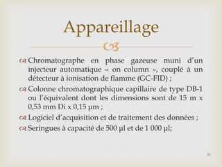 
 Chromatographe en phase gazeuse muni d’un
injecteur automatique « on column », couplé à un
détecteur à ionisation de flamme (GC-FID) ;
 Colonne chromatographique capillaire de type DB-1
ou l’équivalent dont les dimensions sont de 15 m x
0,53 mm Di x 0,15 μm ;
 Logiciel d’acquisition et de traitement des données ;
 Seringues à capacité de 500 μl et de 1 000 μl;
Appareillage
31
 