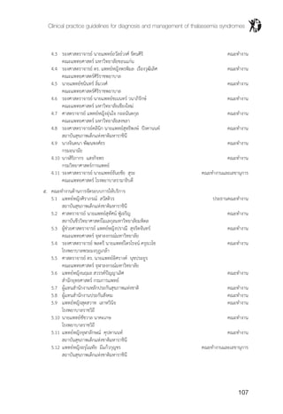 Clinical practice guidelines for diagnosis and management of thalassemia syndromes
107
		 4.3	 รองศาสตราจารย์ นายแพทย์ถวัลย์วงศ์ รัตนศิริ	 คณะท�ำงาน
			 คณะแพทยศาสตร์ มหาวิทยาลัยขอนแก่น	
		 4.4	 รองศาสตราจารย์ ดร. แพทย์หญิงพรพิมล เรืองวุฒิเลิศ	 คณะท�ำงาน
			 คณะแพทยศาสตร์ศิริราชพยาบาล	
		 4.5	 นายแพทย์ชนินทร์ ลิ่มวงศ์	 คณะท�ำงาน
			 คณะแพทยศาสตร์ศิริราชพยาบาล	
		 4.6	 รองศาสตราจารย์ นายแพทย์ชเนนทร์ วนาภิรักษ์	 คณะท�ำงาน
			 คณะแพทยศาสตร์ มหาวิทยาลัยเชียงใหม่	
		 4.7	 ศาสตราจารย์ แพทย์หญิงอุ่นใจ กออนันตกุล	 คณะท�ำงาน
			 คณะแพทยศาสตร์ มหาวิทยาลัยสงขลา	
		 4.8	 รองศาสตราจารย์คลินิก นายแพทย์สุทธิพงษ์ ปังคานนท์	 คณะท�ำงาน
			 สถาบันสุขภาพเด็กแห่งชาติมหาราชินี	
		 4.9	 นางจินตนา พัฒนพงศ์ธร	 คณะท�ำงาน
			 กรมอนามัย	
		 4.10	นางสิริภากร แสงกิจพร	 คณะท�ำงาน
			 กรมวิทยาศาสตร์การแพทย์	
		 4.11	รองศาสตราจารย์ นายแพทย์ธันยชัย สุระ	 คณะท�ำงานและเลขานุการ
			 คณะแพทยศาสตร์ โรงพยาบาลรามาธิบดี	
	 ๕.	 คณะท�ำงานด้านการจัดระบบการให้บริการ	
		 5.1	 แพทย์หญิงศิราภรณ์ สวัสดิวร	 ประธานคณะท�ำงาน
			 สถาบันสุขภาพเด็กแห่งชาติมหาราชินี	
		 5.2	 ศาสตราจารย์ นายแพทย์สุทัศน์ ฟู่เจริญ	 คณะท�ำงาน
			 สถาบันชีววิทยาศาสตร์โมเลกุลมหาวิทยาลัยมหิดล	
		 5.3	 ผู้ช่วยศาสตราจารย์ แพทย์หญิงปราณี สุจริตจันทร์	 คณะท�ำงาน
			 คณะแพทยศาสตร์ จุฬาลงกรณ์มหาวิทยาลัย	
		 5.4	 รองศาสตราจารย์ พลตรี นายแพทย์ไตรโรจน์ ครุธเวโช	 คณะท�ำงาน
			 โรงพยาบาลพระมงกุฎเกล้า	
		 5.5	 ศาสตราจารย์ ดร. นายแพทย์อิศรางค์ นุชประยูร	
			 คณะแพทยศาสตร์ จุฬาลงกรณ์มหาวิทยาลัย	
		 5.6	 แพทย์หญิงนฤมล สวรรค์ปัญญาเลิศ	 คณะท�ำงาน
			 ส�ำนักยุทธศาสตร์ กรมการแพทย์	
		 5.7	 ผู้แทนส�ำนักงานหลักประกันสุขภาพแห่งชาติ	 คณะท�ำงาน
		 5.8	 ผู้แทนส�ำนักงานประกันสังคม	 คณะท�ำงาน
		 5.9	 แพทย์หญิงสุดสวาท เลาหวินิจ	 คณะท�ำงาน
			 โรงพยาบาลราชวิถี	
		 5.10	นายแพทย์ชัชวาล นาคะเกษ	 คณะท�ำงาน
			 โรงพยาบาลราชวิถี	
		 5.11	แพทย์หญิงจุฬาลักษณ์ คุปตานนท์	 คณะท�ำงาน
			 สถาบันสุขภาพเด็กแห่งชาติมหาราชินี	
		 5.12	แพทย์หญิงอรุโณทัย มีแก้วกุญชร	 คณะท�ำงานและเลขานุการ
			 สถาบันสุขภาพเด็กแห่งชาติมหาราชินี	
 