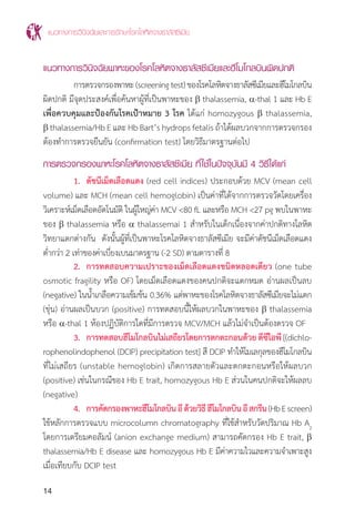 แนวทางการวินิจฉัยและการรักษาโรคโลหิตจางธาลัสซีเมีย
14
แนวทางการวินิจฉัยพาหะของโรคโลหิตจางธาลัสซีเมียและฮีโมโกลบินผิดปกติ
	 การตรวจกรองพาหะ(screeningtest)ของโรคโลหิตจางธาลัสซีเมียและฮีโมโกลบิน
ผิดปกติ มีจุดประสงค์เพื่อค้นหาผู้ที่เป็นพาหะของ b thalassemia, a-thal 1 และ Hb E
เพื่อควบคุมและป้องกันโรคเป้าหมาย 3 โรค ได้แก่ homozygous b thalassemia,
b thalassemia/Hb E และ Hb Bart’s hydrops fetalis ถ้าได้ผลบวกจากการตรวจกรอง
ต้องท�ำการตรวจยืนยัน (confirmation test) โดยวิธีมาตรฐานต่อไป
การตรวจกรองพาหะโรคโลหิตจางธาลัสซีเมีย ที่ใช้ในปัจจุบันมี 4 วิธีได้แก่
	 1.	 ดัชนีเม็ดเลือดแดง (red cell indices) ประกอบด้วย MCV (mean cell
volume) และ MCH (mean cell hemoglobin) เป็นค่าที่ได้จากการตรวจวัดโดยเครื่อง
วิเคราะห์เม็ดเลือดอัตโนมัติ ในผู้ใหญ่ค่า MCV <80 fL และหรือ MCH <27 pg พบในพาหะ
ของ b thalassemia หรือ a thalassemai 1 ส�ำหรับในเด็กเนื่องจากค่าปกติทางโลหิต
วิทยาแตกต่างกัน ดังนั้นผู้ที่เป็นพาหะโรคโลหิตจางธาลัสซีเมีย จะมีค่าดัชนีเม็ดเลือดแดง
ต�่ำกว่า 2 เท่าของค่าเบี่ยงเบนมาตรฐาน (-2 SD) ตามตารางที่ 8
	 2.	 การทดสอบความเปราะของเม็ดเลือดแดงชนิดหลอดเดียว (one tube
osmotic fragility หรือ OF) โดยเม็ดเลือดแดงของคนปกติจะแตกหมด อ่านผลเป็นลบ
(negative) ในน�้ำเกลือความเข้มข้น 0.36% แต่พาหะของโรคโลหิตจางธาลัสซีเมียจะไม่แตก
(ขุ่น) อ่านผลเป็นบวก (positive) การทดสอบนี้ให้ผลบวกในพาหะของ b thalassemia
หรือ a-thal 1 ห้องปฏิบัติการใดที่มีการตรวจ MCV/MCH แล้วไม่จ�ำเป็นต้องตรวจ OF
	 3.	 การทดสอบฮีโมโกลบินไม่เสถียรโดยการตกตะกอนด้วย ดีซีไอพี[(dichlo-
rophenolindophenol (DCIP) precipitation test] สี DCIP ท�ำให้โมเลกุลของฮีโมโกลบิน
ที่ไม่เสถียร (unstable hemoglobin) เกิดการสลายตัวและตกตะกอนหรือให้ผลบวก
(positive) เช่นในกรณีของ Hb E trait, homozygous Hb E ส่วนในคนปกติจะให้ผลลบ
(negative)
	 4.	 การคัดกรองพาหะฮีโมโกลบินอีด้วยวิธีฮีโมโกลบินอีสกรีน(HbEscreen)
ใช้หลักการตรวจแบบ microcolumn chromatography ที่ใช้ส�ำหรับวัดปริมาณ Hb A2
โดยการเตรียมคอลัมน์ (anion exchange medium) สามารถคัดกรอง Hb E trait, b
thalassemia/Hb E disease และ homozygous Hb E มีค่าความไวและความจ�ำเพาะสูง
เมื่อเทียบกับ DCIP test
 