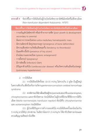 Clinical practice guidelines for diagnosis and management of thalassemia syndromes
21
ตารางที่ 9	 ข้อบ่งชี้ในการให้เลือดในผู้ป่วยโรคโลหิตจางธาลัสซีเมียชนิดที่ไม่พึ่งพาเลือด
		 (Non-transfusion dependent thalassemia : NTDT)
ข้อบ่งชี้ในการให้เลือดในผู้ป่วยโรคโลหิตจางธาลัสซีเมียชนิดที่ไม่พึงพาเลือด
-	 การเจริญเติบโตผิดปกติ หรือล่าช้าจากภาวะซีด (poor growth & development
	 secondary to anemia)
-	 มีผลจากการกดเบียดของ extra medullary hematopoietic mass
-	 มีความผิดปกติ ผิดรูปของกระดูก (emergence of bone deformities)
-	 มีความเสี่ยงต่อการเกิดลิ่มเลือดอุดกั้น (tendency to thrombosis)
-	 มีแผลที่ขาเรื้อรัง (presence of leg ulcers)
-	 ม้ามโตมากและกดเบียด (splenic enlargement)
-	 การตั้งครรภ์ (pregnancy)
-	 มีการติดเชื้อ (infection) บ่อยๆ
-	 มีปัญหาด้านหัวใจ (cardiovascular disease) หรือเกิดความดันเลือดในปอดสูง
	 (pulmonary hypertension)
	 2.	 การให้เลือด
		 2.1	 การให้เลือดให้ครั้งละ 10-15 ml/kg ไม่ควรเกิน 2 ยูนิต (ในผู้ใหญ่)
ในคราวเดียวกันเพื่อป้องกันการเกิดhypertensionconvulsioncerebralhemorrhage
syndrome
		 2.2	 ควรพิจารณาให้ยาเพื่อเตรียมผู้ป่วย(premedication)คือacetaminophen,
chlorpheniramine และยาขับปัสสาวะ ก่อนให้เลือด ในผู้ป่วยที่มีประวัติไข้จากการได้รับ
เลือด (febrile non-hemolytic transfusion reaction) ต้องได้รับ chlorpheniramine
และ acetaminophen ก่อนให้เลือด
		 2.3	 ผู้ป่วยที่มีปัญหาการท�ำงานของหัวใจ ควรให้เลือดครั้งละน้อยไม่เกิน
5 ml/kg อาจให้ทุก 24-48 ชม. ในอัตราน้อยกว่า 2 ml/kg/hr ให้ยาขับปัสสาวะก่อนและ
ตรวจสัญญาณชีพอย่างใกล้ชิด
 