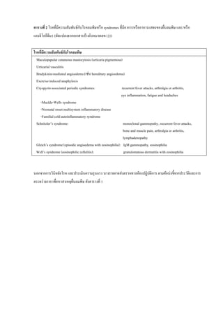 ตารางที่ 2 โรคที่มีความสัมพันธ์กับโรคลมพิษหรือ syndromes ที่มีอาการหรืออาการแสดงของผื่นลมพิษ และ/หรือ
แองจิโออีดีมา (ดัดแปลงจากเอกสารอ้างอิงหมายเลข (2))
โรคที่มีความสัมพันธ์กับโรคลมพิษ
Maculopapular cutaneous mastocytosis (urticaria pigmentosa)
Urticarial vasculitis
Bradykinin-mediated angioedema (เช่น hereditary angioedema)
Exercise-induced anaphylaxis
Cryopyrin-associated periodic syndromes: recurrent fever attacks, arthralgia or arthritis,
eye inflammation, fatigue and headaches
-Muckle-Wells syndrome
-Neonatal onset multisystem inflammatory disease
-Familial cold autoinflammatory syndrome
Schnitzler’s syndrome: monoclonal gammopathy, recurrent fever attacks,
bone and muscle pain, arthralgia or arthritis,
lymphadenopathy
Gleich’s syndrome (episodic angioedema with eosinophilia): IgM gammopathy, eosinophilia
Well’s syndrome (eosinophilic cellulitis): granulomatous dermatitis with eosinophilia
นอกจากการวินิจฉัยโรค และประเมินความรุนแรง บางรายอาจส่งตรวจทางห้องปฏิบัติการ ตามข้อบ่งชี้จากประวัติและการ
ตรวจร่างกาย เพื่อหาสาเหตุผื่นลมพิษ ดังตารางที่ 3
 