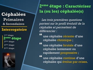 2eme étape : Caractériser

Céphalées
Primaires
& Secondaires

Interrogatoire
1ere étape

2eme

étape

3eme étape
4eme étape
5eme étape

la (ou les) céphalée(s)
Les trois premières questions
portent sur le profil évolutif de la
céphalée et permettent de
différencier :

 une céphalée récente d’une
céphalée chronique ;

 une céphalée brutale d’une
céphalée lentement ou
rapidement progressive ;

 une céphalée continue d’une

céphalée qui évolue par crises.

 