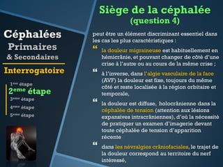 Siège de la céphalée
(question 4)

Céphalées
Primaires
& Secondaires

Interrogatoire

peut être un élément discriminant essentiel dans
les cas les plus caractéristiques :



la douleur migraineuse est habituellement en
hémicrânie, et pouvant changer de côté d’une
crise à l’autre ou au cours de la même crise ;



à l’inverse, dans l’algie vasculaire de la face
(AVF) la douleur est fixe, toujours du même
côté et reste localisée à la région orbitaire et
temporale,



la douleur est diffuse, holocrânienne dans la
céphalée de tension (attention aux lésions
expansives intracrâniennes), d’où la nécessité
de pratiquer un examen d’imagerie devant
toute céphalée de tension d’apparition
récente



dans les névralgies crâniofaciales, le trajet de
la douleur correspond au territoire du nerf
intéressé,

1ere étape

2eme étape
3eme étape
4eme étape
5eme étape

 