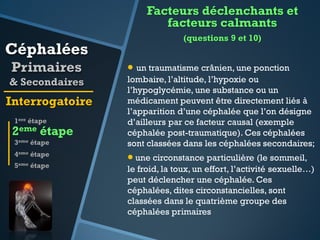 Facteurs déclenchants et
facteurs calmants

Céphalées
Primaires
& Secondaires

Interrogatoire
1ere étape

2eme étape
3eme étape
4eme étape
5eme

étape

(questions 9 et 10)

 un traumatisme crânien, une ponction
lombaire, l’altitude, l’hypoxie ou
l’hypoglycémie, une substance ou un
médicament peuvent être directement liés à
l’apparition d’une céphalée que l’on désigne
d’ailleurs par ce facteur causal (exemple
céphalée post-traumatique). Ces céphalées
sont classées dans les céphalées secondaires;

 une circonstance particulière (le sommeil,

le froid, la toux, un effort, l’activité sexuelle…)
peut déclencher une céphalée. Ces
céphalées, dites circonstancielles, sont
classées dans le quatrième groupe des
céphalées primaires

 