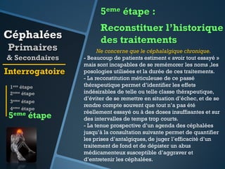 5eme étape :

Céphalées
Primaires
& Secondaires

Interrogatoire
1ere étape
2eme étape
3eme étape
4eme étape

5eme étape

Reconstituer l’historique
des traitements
Ne concerne que le céphalalgique chronique.
- Beaucoup de patients estiment « avoir tout essayé »
mais sont incapables de se remémorer les noms ,les
posologies utilisées et la durée de ces traitements.
- La reconstitution méticuleuse de ce passé
thérapeutique permet d’identifier les effets
indésirables de telle ou telle classe thérapeutique,
d’éviter de se remettre en situation d’échec, et de se
rendre compte souvent que tout n’a pas été
réellement essayé ou à des doses insuffisantes et sur
des intervalles de temps trop courts.
- La tenue prospective d’un agenda des céphalées
jusqu’à la consultation suivante permet de quantifier
les prises d’antalgiques, de juger l’efficacité d’un
traitement de fond et de dépister un abus
médicamenteux susceptible d’aggraver et
d’entretenir les céphalées.

 